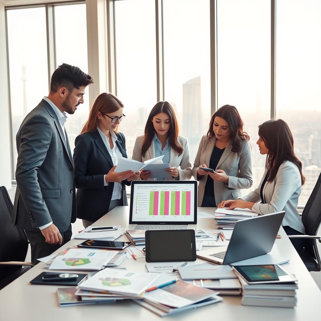 A professional setting showcasing a home insurance comparison scenario. In the foreground, a diverse group of three individuals in business attire is engaged in discussion, examining documents and a laptop displaying a comparison chart. The middle layer features a large, modern office desk cluttered with brochures and tablets. In the background, large windows reveal a city skyline bathed in soft, natural daylight, creating a bright and inviting atmosphere. The room has a contemporary design, with minimalist décor emphasizing professionalism. The mood is focused and collaborative, highlighting the theme of finding the best insurance offers. Use a lens that captures the subjects clearly while adding depth to the scene.