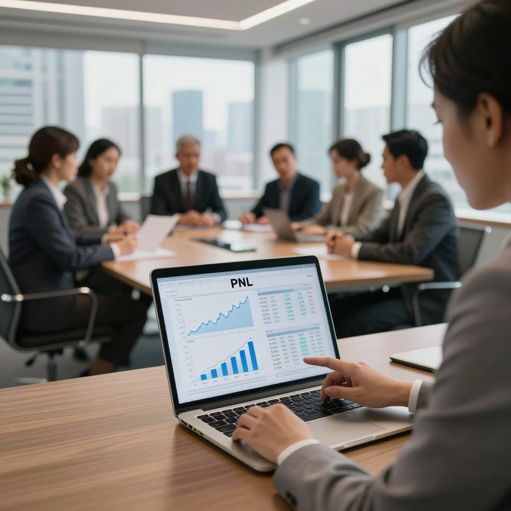 A professional setting showcasing the concept of PNL (Profit and Loss) in finance. In the foreground, a detailed, open laptop displaying financial graphs and calculations, with a confident business person in professional attire analyzing data. In the middle ground, a modern conference room with a large table surrounded by diverse individuals engaged in a discussion, emphasizing teamwork and strategy. The background features large windows with a city skyline, suggesting a bustling financial hub. Soft, warm lighting enhances the atmosphere, creating a sense of collaboration and focus. The image conveys a serious yet inspiring mood, illustrating both the challenges and opportunities within the PNL framework in finance.