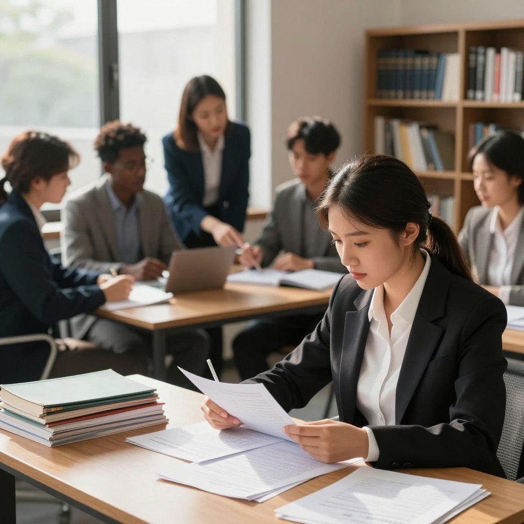 A professional study environment featuring a diverse group of individuals preparing for the public finance inspector competition. In the foreground, a focused young woman reviews her notes at a wooden desk overflowing with papers and books, dressed in smart business attire. In the middle ground, a group of candidates discusses strategies, showcasing a mix of genders and ethnicities, all in formal clothing. The background reveals a large window allowing natural light to flood the room, casting a warm glow over the scene. Soft shadows create a calming atmosphere, while bookshelves filled with finance-related texts add depth. Capture the intensity and determination of the candidates, evoking a mood of ambition and scholarly pursuit.