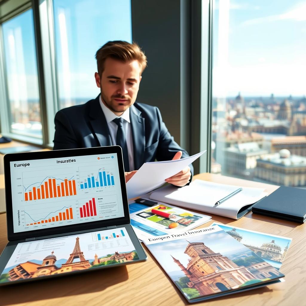 A professional travel insurance advisor in business attire, sitting at a modern desk, reviewing documents related to European travel insurance. The foreground features a laptop open with graphs and charts on the screen, highlighting various insurance plans. In the middle, there are brochures scattered on the desk, depicting popular European destinations like the Eiffel Tower and Colosseum, emphasizing the adventurous aspect of travel. In the background, a large window shows a bright European city skyline, with a clear blue sky. The lighting is bright and inviting, suggesting a sense of hope and professionalism. The overall mood is informative and reassuring, ideal for anyone planning their travel insurance decisions in Europe.