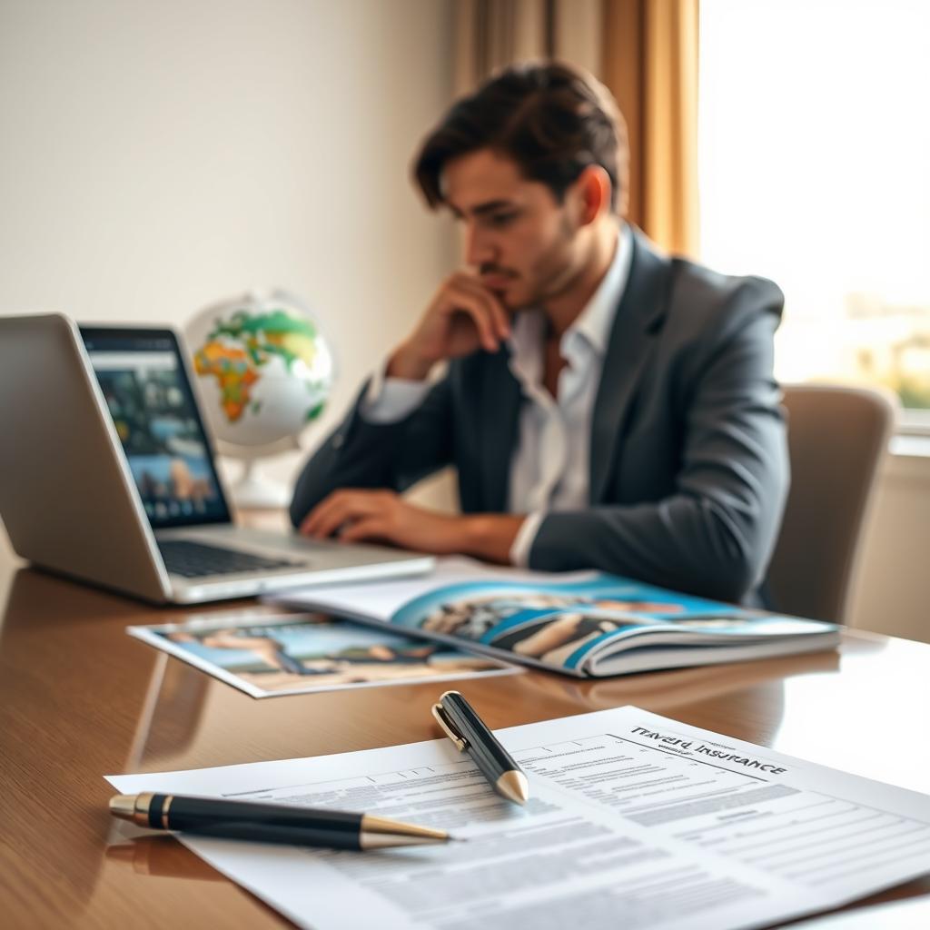 A professional travel insurance advisor sitting at a sleek desk, looking thoughtfully at travel documents and a laptop displaying travel destination options. In the foreground, a close-up of a travel insurance policy document with a pen ready for signing. The middle ground features a globe and brochures for popular travel locations, illustrating the adventure of travel, while a backdrop of a bright window showcases a beautiful outdoor scene, hinting at exciting journeys ahead. Soft, natural lighting accentuates the warm, inviting atmosphere, emphasizing trust and security. The scene should evoke feelings of assurance and professionalism, ideal for discussing the importance of travel insurance.