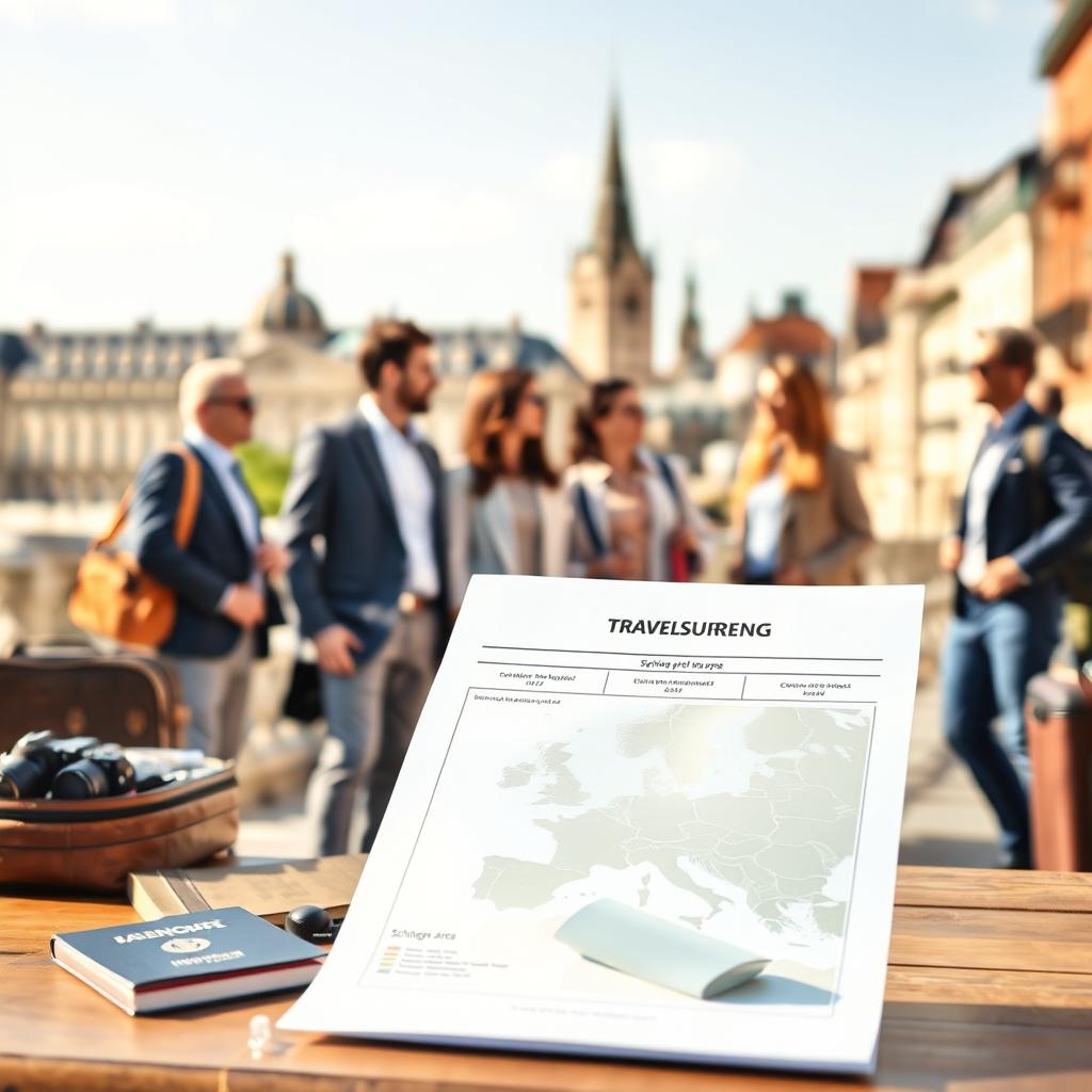 A professional travel insurance concept illustration focusing on Schengen area coverage. In the foreground, display an insurance policy document with a visible Schengen map, surrounded by travel essentials like a passport, a suitcase, and a camera. The middle ground features a diverse group of travelers, all dressed in smart casual attire, discussing their plans, exuding a sense of security and excitement. In the background, a picturesque European cityscape with iconic landmarks softly blurred to maintain focus on the subjects in the foreground. The lighting is warm and inviting, suggesting a sunny day, enhancing a mood of adventure and reassurance. The perspective is slightly elevated, offering a clear view of the proceedings and a sense of depth.