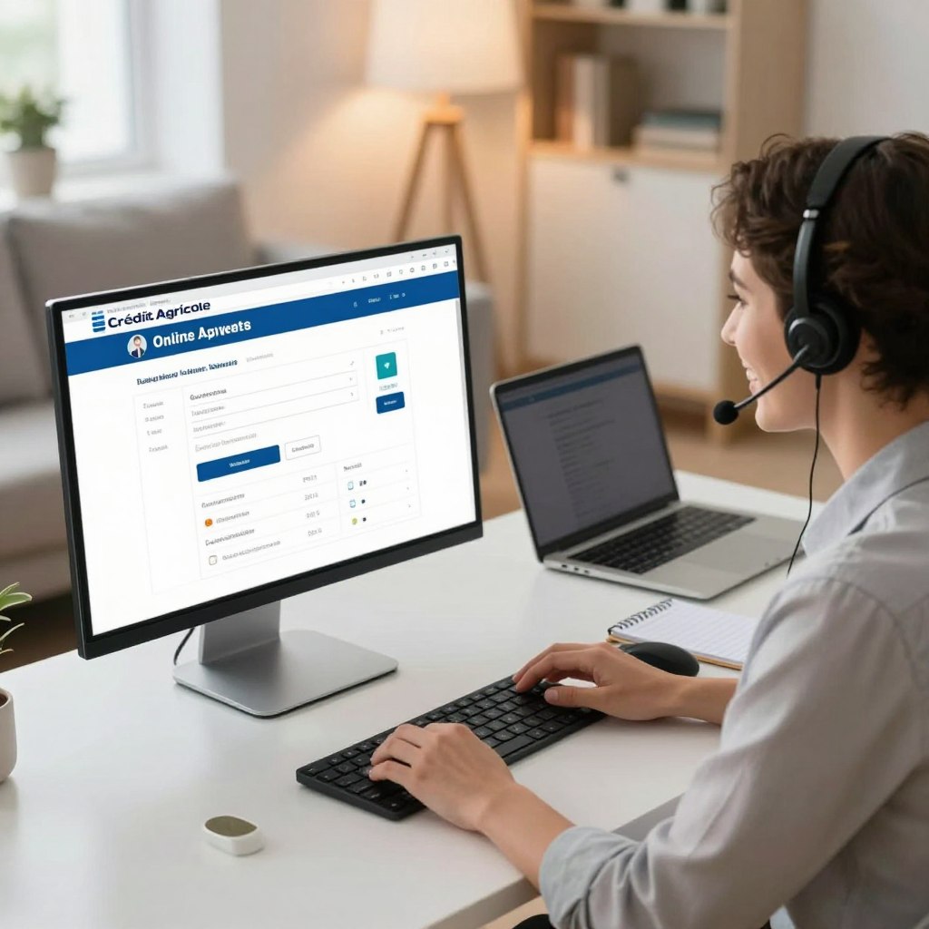 A professional virtual assistance scene illustrating an online banking support scenario for Crédit Agricole. In the foreground, a friendly customer service agent in business attire is sitting at a modern desk, wearing a headset and smiling while engaging with a computer screen displaying a user-friendly online banking interface. The middle layer includes a well-organized workspace with digital tools like a laptop and a notepad, hinting at troubleshooting steps. In the background, soft-focus elements show a cozy home office environment with warm lighting, creating a welcoming atmosphere. The mood is reassuring and professional, reflecting a supportive online experience. The angle is slightly above eye level, providing a clear view of the agent and their workspace.