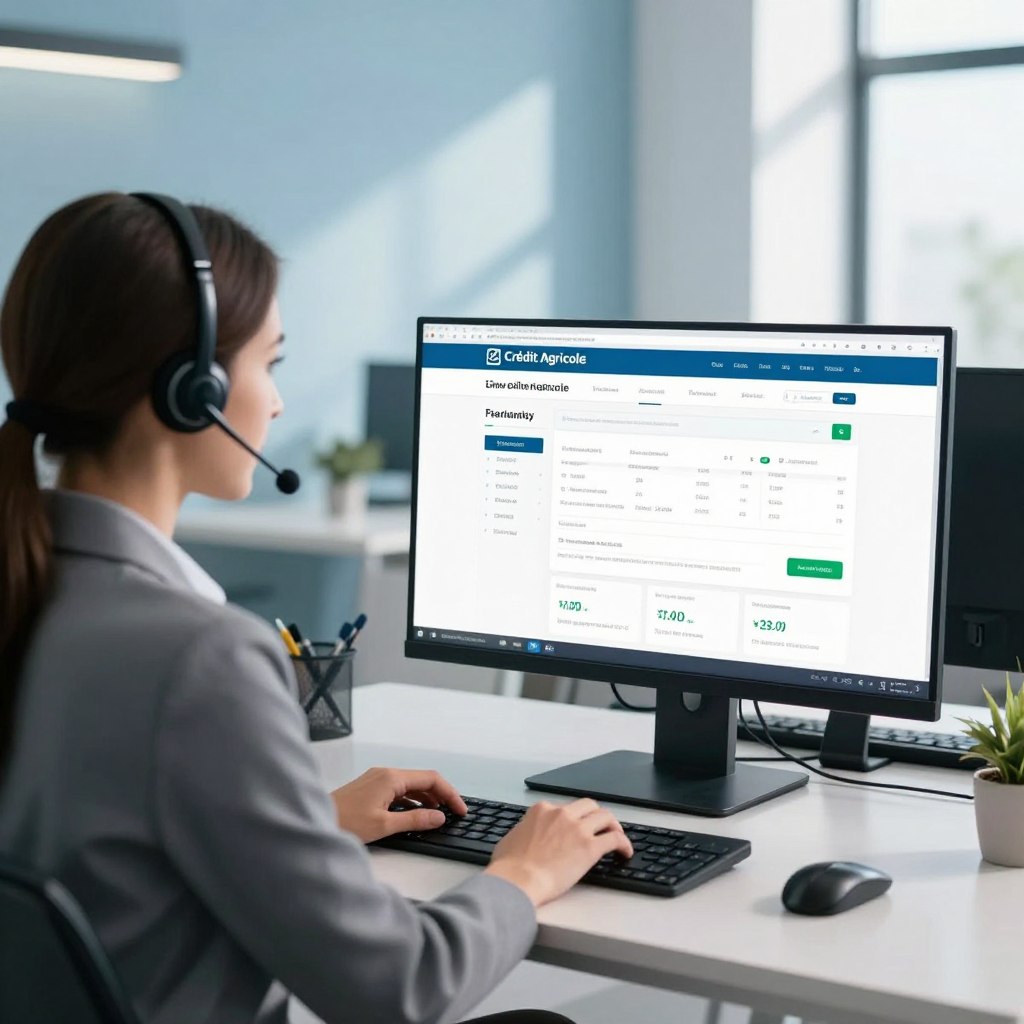A professional, visually engaging scene illustrating online banking assistance from Crédit Agricole. In the foreground, a confident customer service representative, dressed in smart business attire, is attentively speaking into a headset while looking at a computer screen filled with user-friendly banking interfaces. In the middle ground, we see a large monitor displaying the Crédit Agricole online banking portal, showcasing account management features. The background features a modern, well-lit office environment with soft blue tones, creating a calm and approachable atmosphere. Natural light streams in from large windows, casting gentle shadows. The overall mood is supportive and inviting, emphasizing reliability and accessibility in online banking assistance.