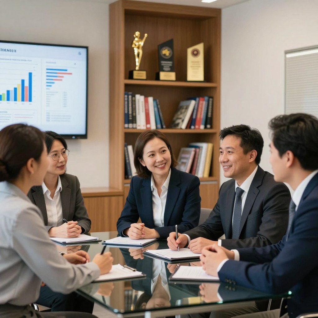 A professional, welcoming office setting dedicated to finance education. In the foreground, a diverse group of three adults—two men and one woman—are seated around a sleek glass table, engaged in a lively discussion, all dressed in business attire. The middle ground features an elegant bookshelf filled with finance textbooks and awards, symbolizing academic achievement. In the background, a wall-mounted digital display shows graphs and charts relevant to corporate finance, casting a soft glow on the scene. The lighting is bright yet warm, creating an inviting and motivational atmosphere, with a shallow depth of field to emphasize the group. The image captures the essence of learning and signing up for finance courses, conveying professionalism and collaboration.