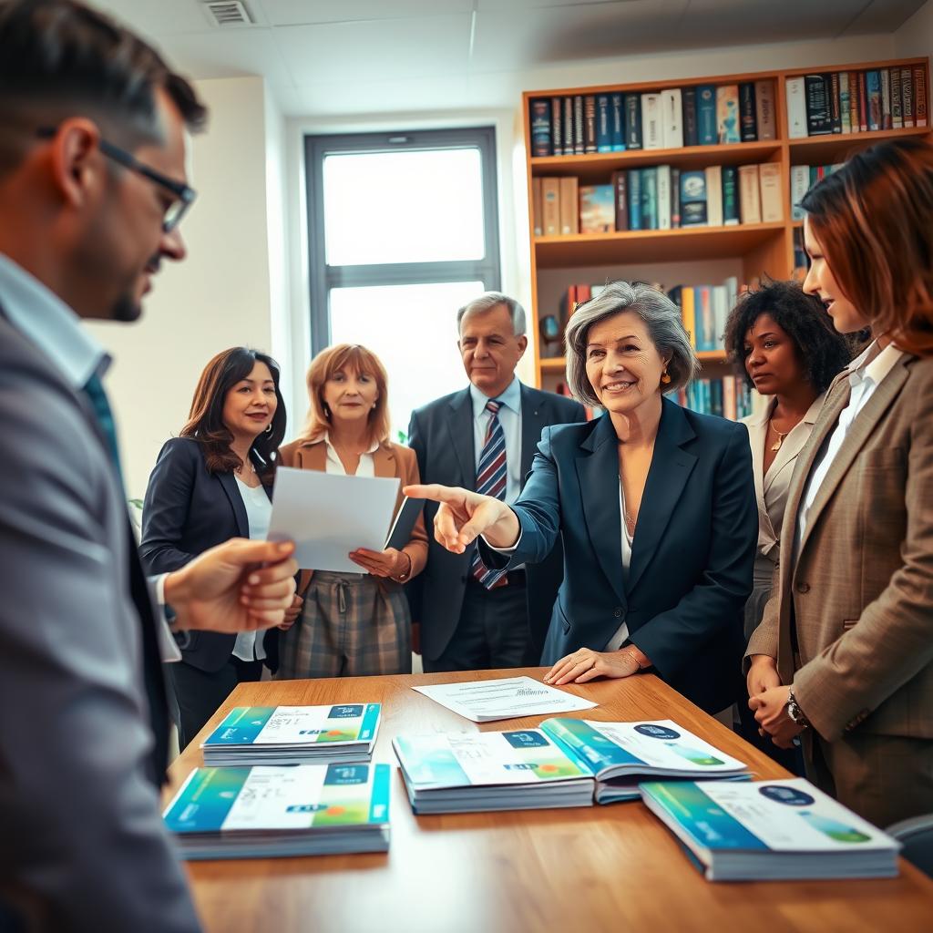 A professional, welcoming scene in an office setting, showcasing a diverse group of individuals in business attire discussing health insurance options. In the foreground, a middle-aged woman pointing at a document, symbolizing affordability and clarity in senior health coverage. In the middle ground, a table with brochures for "mutuelle senior à petit prix" neatly arranged, illuminated by soft, natural light streaming through a window. The background features a bookshelf filled with health guides and insurance-related materials, creating a sense of knowledge and trust. The overall atmosphere is one of professionalism and reassurance, emphasizing the importance of informed decision-making while selecting an affordable health insurance plan. Shot with a warm color palette at eye level to enhance engagement.