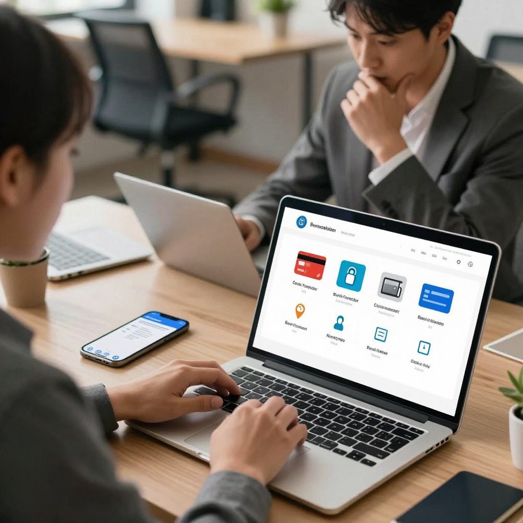 A professional workspace illustrating secure online payment options. In the foreground, a sleek laptop displays a user-friendly banking interface with various secure payment icons, including credit card, bank transfer, and digital wallet logos. The middle layer features a focused individual in business attire, thoughtfully engaging with the laptop, and a smartphone on the desk showing app notifications. The background consists of a modern office setting with soft, warm lighting, highlighting ergonomic furniture and a potted plant adding a touch of tranquility. The overall mood is focused and constructive, emphasizing professionalism and security in online transactions. The angle is slightly elevated, providing a clear view of both the laptop screen and the individual's engagement with the technology.