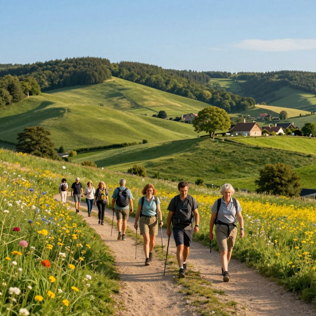 A scenic outdoor hiking trail in the North of France, showcasing lush green countryside and gently rolling hills. In the foreground, a diverse group of hikers in comfortable, modest outdoor clothing are enthusiastically walking along a well-marked path, with backpacks and walking sticks. The middle ground features vibrant wildflowers blooming under a clear blue sky, while the background captures distant hills adorned with patches of forest and quaint rural cottages peeking through the trees. The lighting is warm and inviting, suggesting a late afternoon sun casting gentle rays, enhancing the rich colors of the landscape. The overall atmosphere is cheerful and invigorating, encapsulating the joy of outdoor activities in this enchanting region.