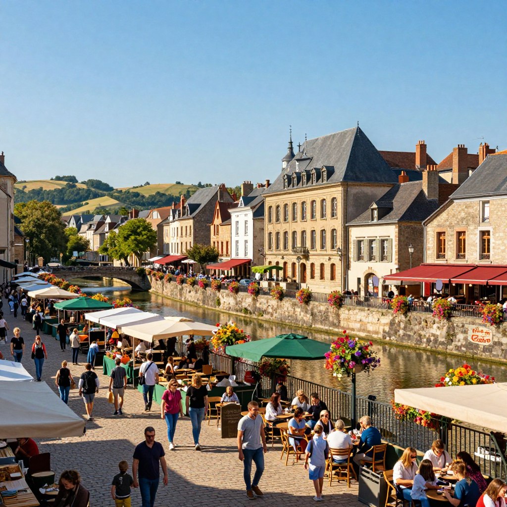 A scenic view of a charming northern French city, showcasing iconic architecture such as grand historical buildings, cobblestone streets, and vibrant cafés. In the foreground, a lively market scene with locals in modest casual clothing and families enjoying the day. In the middle ground, a picturesque canal reflecting the quaint structures along its banks, adorned with colorful flowers. The background features softly rolling hills under a clear blue sky with warm sunlight casting gentle shadows. Capture the essence of a sunny day, creating a cheerful and inviting atmosphere that highlights the beauty and charm of northern France. Use a wide-angle lens to enhance depth and richness, emphasizing the city's vibrant life and cultural significance.