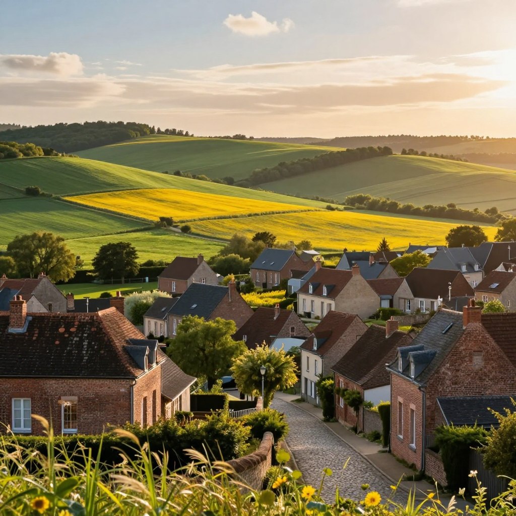 A scenic view representing "direction nord" in Northern France, featuring a charming village dotted with traditional brick houses and cobblestone streets in the foreground. In the middle ground, lush green fields stretch towards the horizon, with fields of vibrant yellow and gold flowers swaying gently in the breeze. The background showcases rolling hills under a serene sky, with soft, diffused sunlight casting a warm glow over the landscape. Capture the essence of a tranquil day, evoking feelings of peace and adventure. The composition should be wide-angle, emphasizing depth and perspective, allowing the viewer to feel immersed in the beauty of the French countryside.