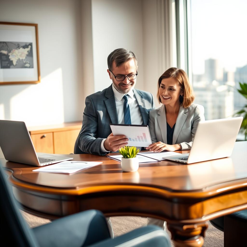 A serene and comforting office environment, featuring a middle-aged professional man and woman in business attire, engaged in a discussion about life insurance for retirement. In the foreground, an elegant wooden desk with financial documents, a laptop, and a small potted plant. In the middle, the two professionals are analyzing a chart on a tablet. The background shows a large window with soft natural light filtering in, revealing a peaceful cityscape. The atmosphere is warm and reassuring, with a focus on trust and security. The lens captures this scene at a slight angle, emphasizing the friendly interaction and the sense of financial assurance.