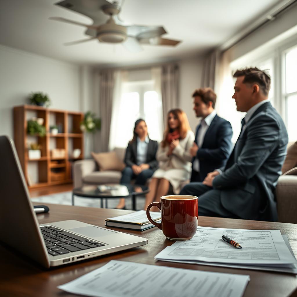 A serene and organized home office in the foreground, featuring a neatly arranged desk with a laptop, paperwork about home insurance, and a steaming cup of coffee. In the middle, a family is seen discussing the process of filing a claim, with a concerned look on their faces, dressed in professional business attire. The background shows a cozy living room with slight signs of a water leak on the ceiling, hinting at an insurance claim situation. Soft, natural lighting floods in through a window, illuminating the scene and creating a calm yet serious atmosphere. The image conveys a sense of urgency and reassurance, depicting the support of home insurance in times of distress.