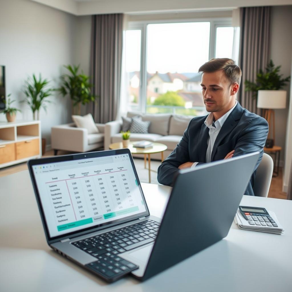 A serene and organized home office space in the foreground, showcasing a modern desk with a laptop displaying a comparison table of home insurance prices. The middle ground features a cozy living area with a stylish couch and a small coffee table holding insurance brochures and a calculator, suggesting careful evaluation of options. In the background, a well-lit window reveals a picturesque neighborhood view, adding a touch of realism. Soft, natural lighting floods the room, creating a warm and inviting atmosphere. The scene conveys a sense of professionalism and diligence, with a subtle emphasis on financial decision-making for home insurance. A skilled individual in modest business attire, focused on the screen, captures the essence of making informed choices.