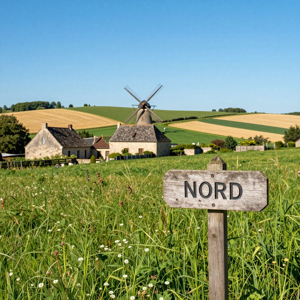 A serene and picturesque landscape depicting the essence of the northern regions of France. In the foreground, a rustic wooden signpost with the word "NORD" marked clearly, surrounded by vibrant green grass and delicate wildflowers. In the middle ground, a traditional French farm with charming, weathered stone buildings under a bright blue sky. A windmill spins gently in the background, framed by rolling hills and patches of golden fields. The sunlight casts gentle shadows, creating a warm and inviting atmosphere. The scene captures the beauty and tranquility of the northern French countryside, evoking a sense of adventure and exploration. The angle is slightly elevated, offering a clear view of the landscape and its captivating details.
