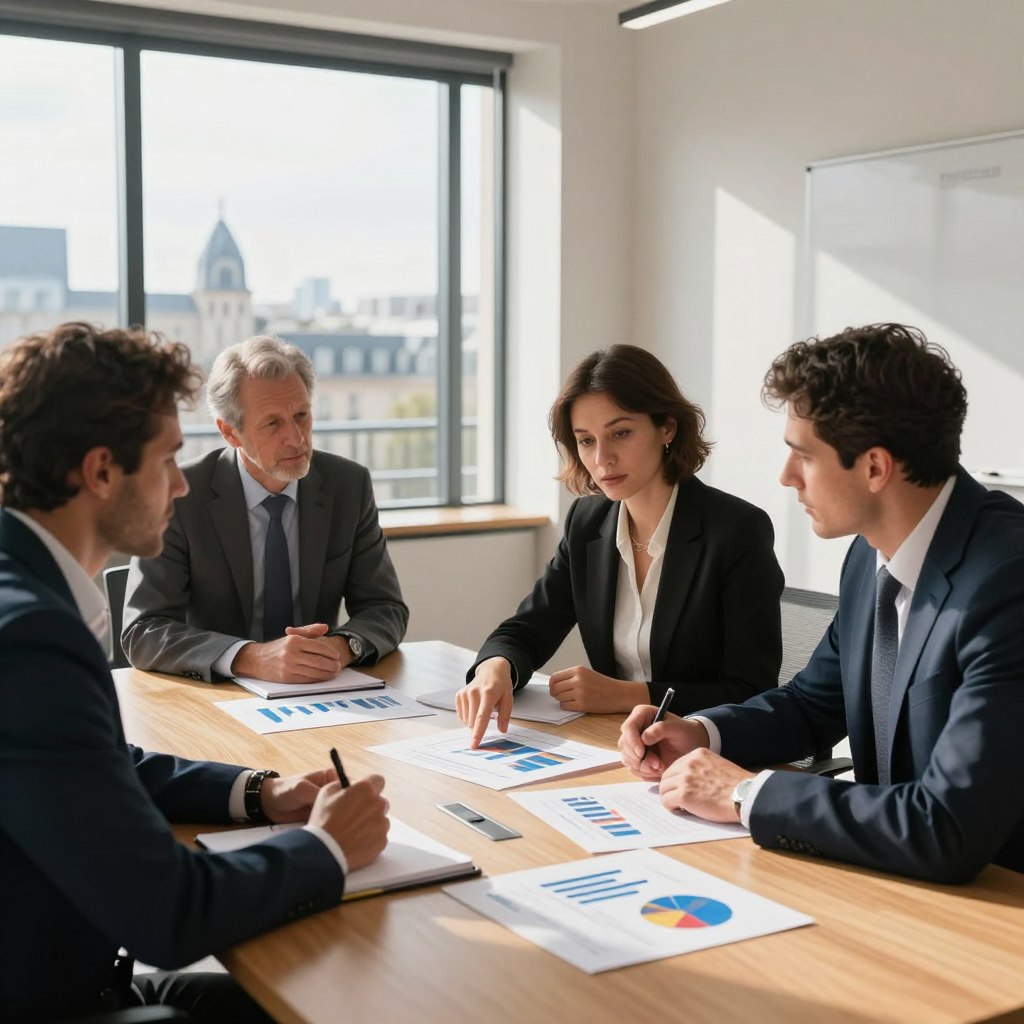 A serene and professional office environment in France, featuring a large wooden conference table with financial documents, graphs, and charts spread across it. In the foreground, a diverse group of three business professionals—two men and one woman—are engaged in a serious discussion, all dressed in formal business attire. The woman, with a focused expression, points at a chart while the men attentively listen, one taking notes. In the middle ground, a modern window allows natural light to flood the room, casting soft shadows. The background showcases a view of the Paris skyline, hinting at the financial district with iconic French architecture. The atmosphere conveys a sense of collaboration, professionalism, and determination, ideal for the conclusion on financing in France.