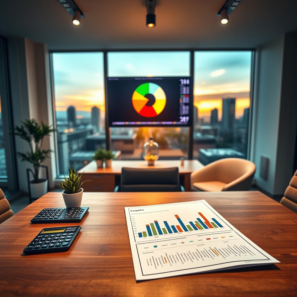 A serene and professional office setting, designed to represent "fonds en euros". In the foreground, a sleek wooden desk showcases a detailed financial report, elegantly displayed with graphs and charts illustrating growth. To the left, a modern calculator and a small potted plant add a touch of greenery. In the middle ground, a wall-mounted screen displays a vibrant pie chart, gleaming under soft, diffuse lighting from overhead fixtures, creating an inviting atmosphere for financial discussions. The background features large windows with a view of a city skyline at sunset, casting warm golden hues into the room. The overall mood is one of optimism and stability, evoking trust in financial investment opportunities.
