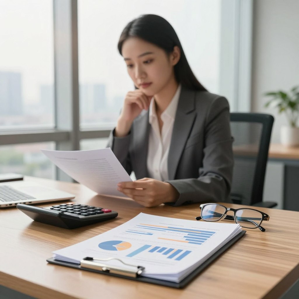 A serene and professional office setting focused on secure financial investments. In the foreground, a polished wooden desk holds a stack of financial reports with graphs and charts, symbolizing secure investments. A stylish calculator and a pair of reading glasses are positioned nearby. In the middle ground, a well-dressed businesswoman reviews documents, dressed in a smart blazer and blouse, her expression thoughtful and focused. She is framed by a large window with natural light streaming in, casting a warm glow on the scene. In the background, a cityscape is visible, representing economic stability. The overall mood is calm and optimistic, suggesting growth and security in financial placement. Use a soft focus lens and warm, inviting lighting to enhance the atmosphere.