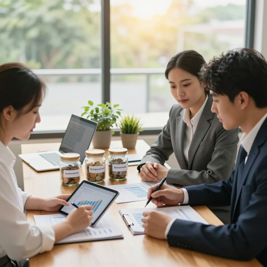 A serene and professional scene depicting responsible savings strategies. In the foreground, a diverse group of three people in business attire are engaged in a thoughtful discussion, reviewing financial documents and a tablet displaying graphs. The middle ground features a wooden table with savings jars labeled 'Investments', 'Emergency Fund', and 'Retirement', along with a laptop and potted plants for a touch of greenery. In the background, a large window reveals a bright, sunny day, symbolizing hope and opportunities. The lighting is soft and natural, creating an inviting atmosphere. The mood is focused yet optimistic, emphasizing the importance of strategic financial planning in a modern workspace.