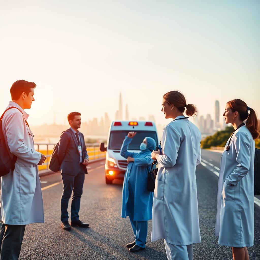 A serene and professional scene illustrating medical assistance abroad. In the foreground, depict a diverse group of healthcare professionals, including a doctor and a nurse, wearing professional attire, attentively discussing a patient’s care. In the middle ground, show an ambulance on a road, highlighting its readiness for travel. In the background, capture a picturesque international landscape, such as a city skyline or iconic landmarks, symbolizing foreign destinations. Soft, natural lighting enhances the scene, evoking a sense of hope and support. Use a moderate wide-angle perspective to encompass both the professionals and their surroundings, creating a reassuring atmosphere of readiness and compassion in times of need.