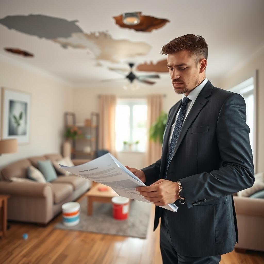 A serene home interior after a minor water damage incident, featuring a cozy living room with a water-damaged ceiling and a few visible repair tools. In the foreground, a professional in business attire is examining a water damage report on a clipboard, expressing determination and focus. In the middle ground, there are signs of repair work underway, such as scaffolding and paint buckets. The background showcases a well-lit, welcoming space with natural light streaming through a window, creating a hopeful atmosphere amidst the disruption. The scene conveys a sense of assurance and optimism as the individual carefully assesses the situation, highlighting the importance of taking action after a home insurance issue.