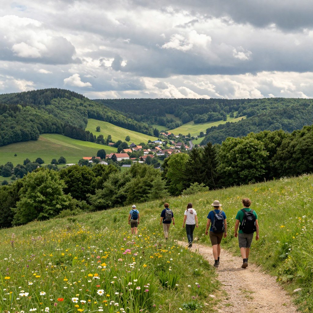 A serene landscape depicting a hiking scene in northern France. In the foreground, a group of four hikers, dressed in modest outdoor clothing, enjoy the lush greenery of a well-marked trail, surrounded by vibrant wildflowers. In the middle ground, rolling hills covered in dense forests lead to a quaint village nestled in the distance. The background showcases the dramatic, cloudy sky typical of northern France, with soft sunlight breaking through to illuminate the scene. The atmosphere is peaceful yet invigorating, capturing the essence of outdoor adventure. Capture this image from a slightly elevated angle, using a wide lens that emphasizes the expansive landscape, with a focus on the hikers enjoying their excursion.