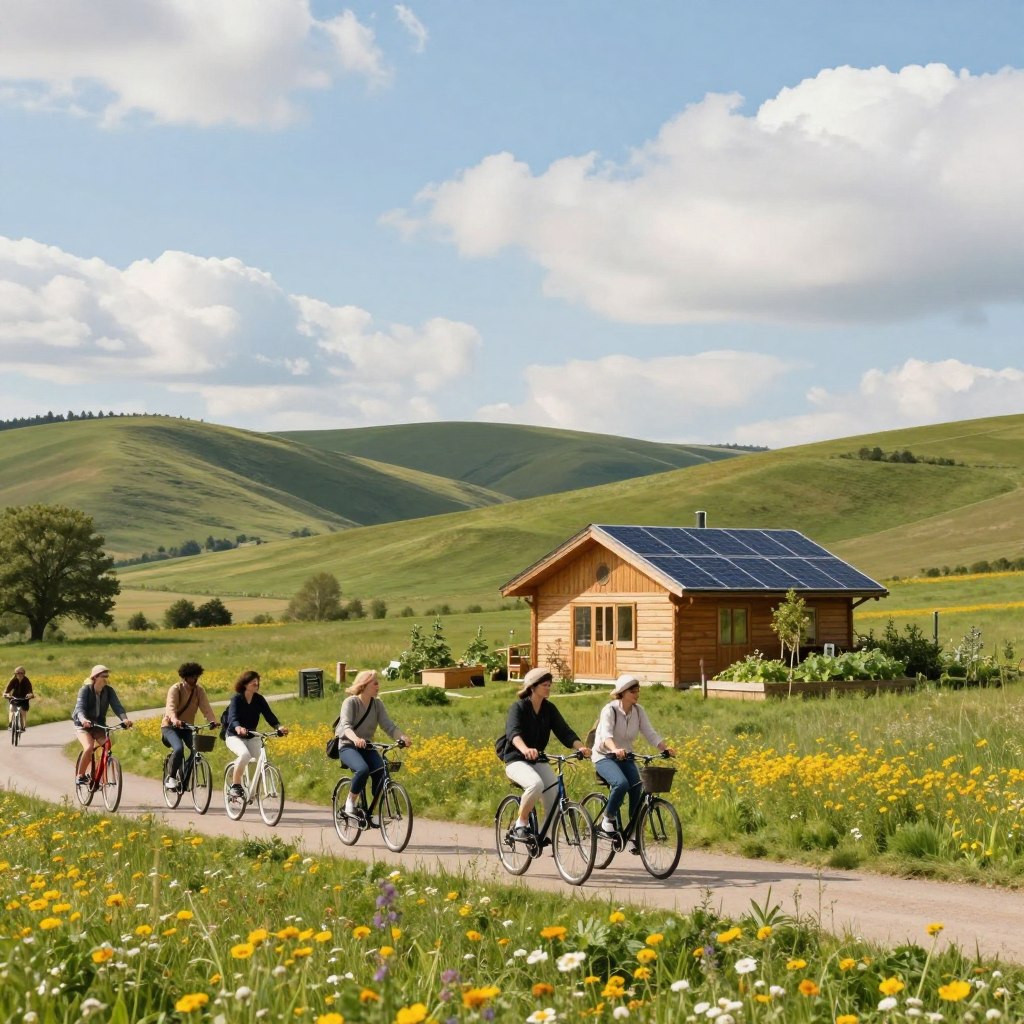 A serene landscape showcasing sustainable tourism in Northern France. In the foreground, a small group of diverse tourists, dressed in modest casual clothing, bike along a well-maintained path, surrounded by lush green fields and vibrant wildflowers. In the middle ground, an eco-friendly wooden cabin with solar panels and a small organic garden invites visitors to embrace nature. The background features gentle rolling hills leading to a clean blue sky dotted with fluffy clouds, creating a tranquil atmosphere. Soft, warm lighting bathes the scene, emphasizing the harmony between nature and sustainable practices. The angle captures a wide perspective, adding depth to the image while focusing on the joyful interactions and environmental responsibility of the tourists.