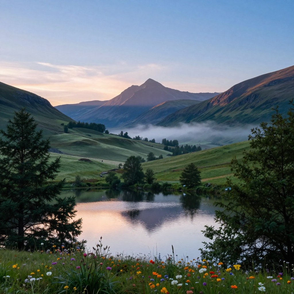 A serene nordic landscape at dawn, showcasing the natural beauty of Northern France. In the foreground, a tranquil lake reflects the soft pastel colors of the rising sun, with gentle ripples on the water's surface. Silhouetted trees frame the scene, while clusters of wildflowers add vibrant splashes of color. The middle ground features rolling hills covered in lush green grass, interspersed with patches of fog that linger in the low valleys. In the background, majestic mountains rise under a clear blue sky, their peaks just kissed by the dawn light. The atmosphere is peaceful and inspiring, evoking a sense of adventure and tranquility, captured from a slightly elevated angle to provide depth to the composition. Natural lighting highlights the contours of the landscape, enhancing the serene vibe.