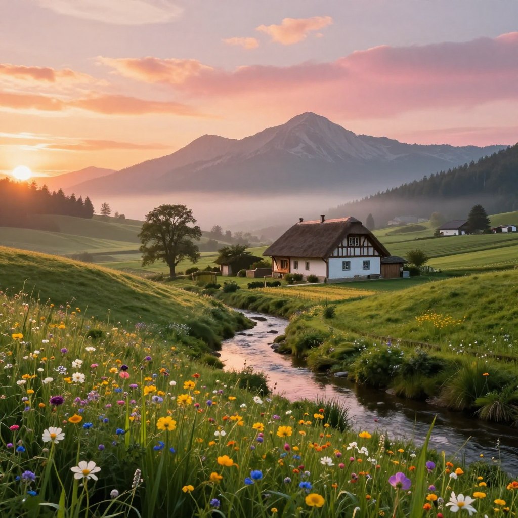 A serene northern French landscape at sunrise, featuring rolling green hills dotted with vibrant wildflowers in the foreground. A gentle stream meanders through, reflecting the soft morning light. In the middle ground, a quaint, traditional farmhouse with wooden beams and a thatched roof stands amidst carefully cultivated fields. The background showcases a dramatic sky filled with pastel hues of orange and pink, while distant misty mountains rise majestically. The atmosphere is peaceful and inviting, with warm sunlight casting soft shadows and highlighting the textures of the natural surroundings. Capture this scene from a slightly elevated angle to provide depth and perspective, evoking a sense of tranquility and connection to nature.