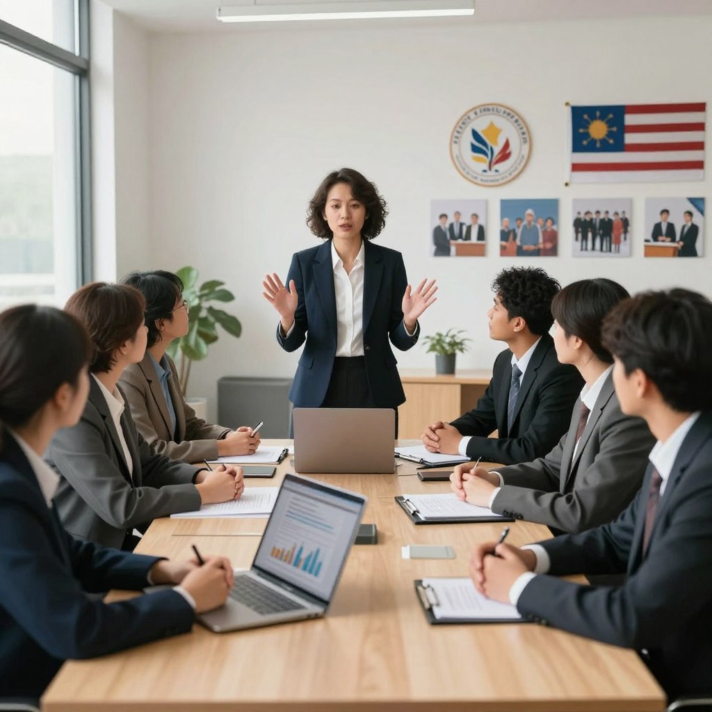 A serene office environment representing the values of public service, featuring a diverse group of professionals in business attire engaged in a collaborative discussion around a large table. In the foreground, a confident female leader gestures passionately, symbolizing transparency and integrity. The middle ground showcases various documents and a laptop displaying financial graphs, emphasizing accountability and responsibility. The background reveals a wall adorned with iconic symbols of public service, such as a flag and community images, under soft, natural lighting from large windows that create an optimistic atmosphere. The image conveys a sense of dedication, purpose, and teamwork, with a warm color palette that invites trust and respect.