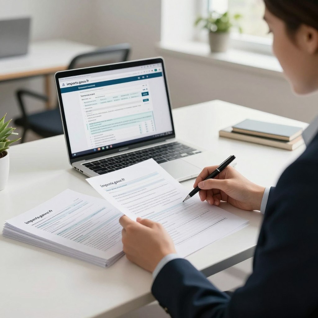 A serene office environment showcasing a desk with a neatly organized stack of simplified tax declaration forms. In the foreground, a confident individual dressed in professional business attire examines one of the forms with a pen in hand, displaying focus and diligence. The middle ground features a laptop with the impots.gouv.fr website open, displaying a user-friendly interface for tax declaration. The background shows a calm and well-lit office space with light streaming through a window, casting soft shadows, and a potted plant adding a touch of greenery. The overall mood is one of professionalism and clarity, emphasizing the ease and simplicity of tax declaration. A wide-angle perspective enhances the sense of space and organization.