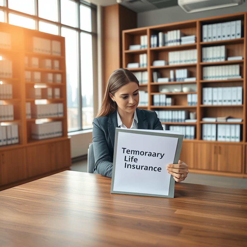A serene office environment with a modern wooden desk in the foreground, displaying a neatly arranged folder labeled "Temporary Life Insurance." A professional woman in business attire examines the folder, her expression thoughtful and focused. In the middle ground, tall bookshelves filled with financial literature and documents symbolize knowledge and preparation. Soft, natural light filters through large windows, creating a warm and inviting atmosphere. In the background, a city skyline is visible, suggesting a successful urban setting. The overall mood is one of professionalism and assurance, emphasizing the clarity and importance of understanding the different types of life insurance. The image should be crisp and well-lit, captured from a slightly elevated angle to convey depth and perspective. A serene office environment with a modern wooden desk in the foreground, displaying a neatly arranged folder labeled "Temporary Life Insurance." A professional woman in business attire examines the folder, her expression thoughtful and focused. In the middle ground, tall bookshelves filled with financial literature and documents symbolize knowledge and preparation. Soft, natural light filters through large windows, creating a warm and inviting atmosphere. In the background, a city skyline is visible, suggesting a successful urban setting. The overall mood is one of professionalism and assurance, emphasizing the clarity and importance of understanding the different types of life insurance. The image should be crisp and well-lit, captured from a slightly elevated angle to convey depth and perspective.