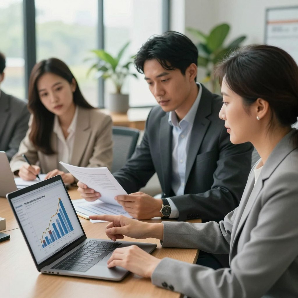 A serene office setting depicting a diverse group of professionals, dressed in smart business attire, engaged in a discussion about retirement funds. In the foreground, a middle-aged woman enthusiastically points at a digital chart displaying rising fund values on a laptop. In the middle, a serious-looking man examines a financial report while a young woman takes notes. The background features a large window with soft natural light filtering through, illuminating indoor plants and modern office furniture, creating a calm and focused atmosphere. The lens captures a slight depth of field, ensuring the characters are in sharp focus while the background remains subtly blurred. The overall mood conveys collaboration, professionalism, and financial security, perfect for conveying themes of retirement and foresight.
