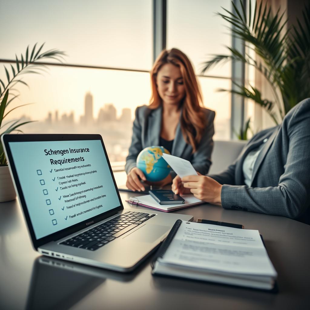 A serene office setting with a professional businesswoman reviewing travel insurance documents on a sleek desk. In the foreground, focus on a laptop displaying a digital checklist titled "Schengen Insurance Requirements." The middle layer features various travel-related items such as a passport, a globe, and a notebook with notes on essential coverage details. The background showcases a city skyline through a large window, bathed in warm, natural sunlight, creating an inviting atmosphere. Soft shadows cast by indoor plants add depth to the scene. The composition conveys trust, professionalism, and the importance of preparation for travel to Schengen Area countries. The overall mood is reassuring and focused.