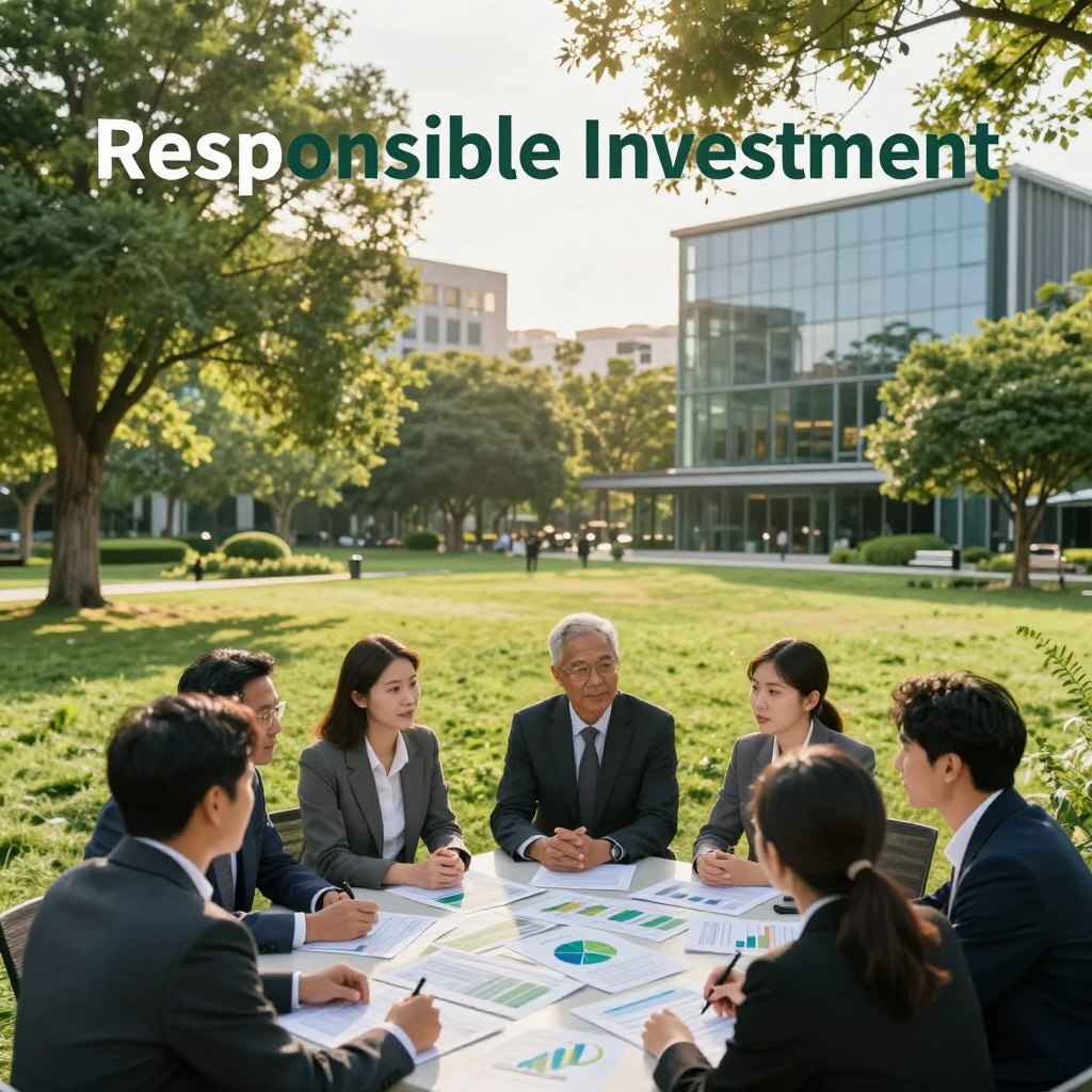 A serene outdoor scene illustrating "Responsible Investment." In the foreground, a diverse group of professionals, dressed in smart business attire, engaged in a collaborative discussion over graphs and sustainability reports. In the middle ground, a lush, green park with trees symbolizes the balance between finance and nature, while eco-friendly buildings are visible in the background, reflecting modern architecture. Soft, golden sunlight filters through the trees, casting warm, inviting shadows. The atmosphere is optimistic and focused, representing a commitment to sustainable economic practices. The overall composition is harmonious, with a wide-angle view to capture the essence of collaboration and environmentally conscious investment.