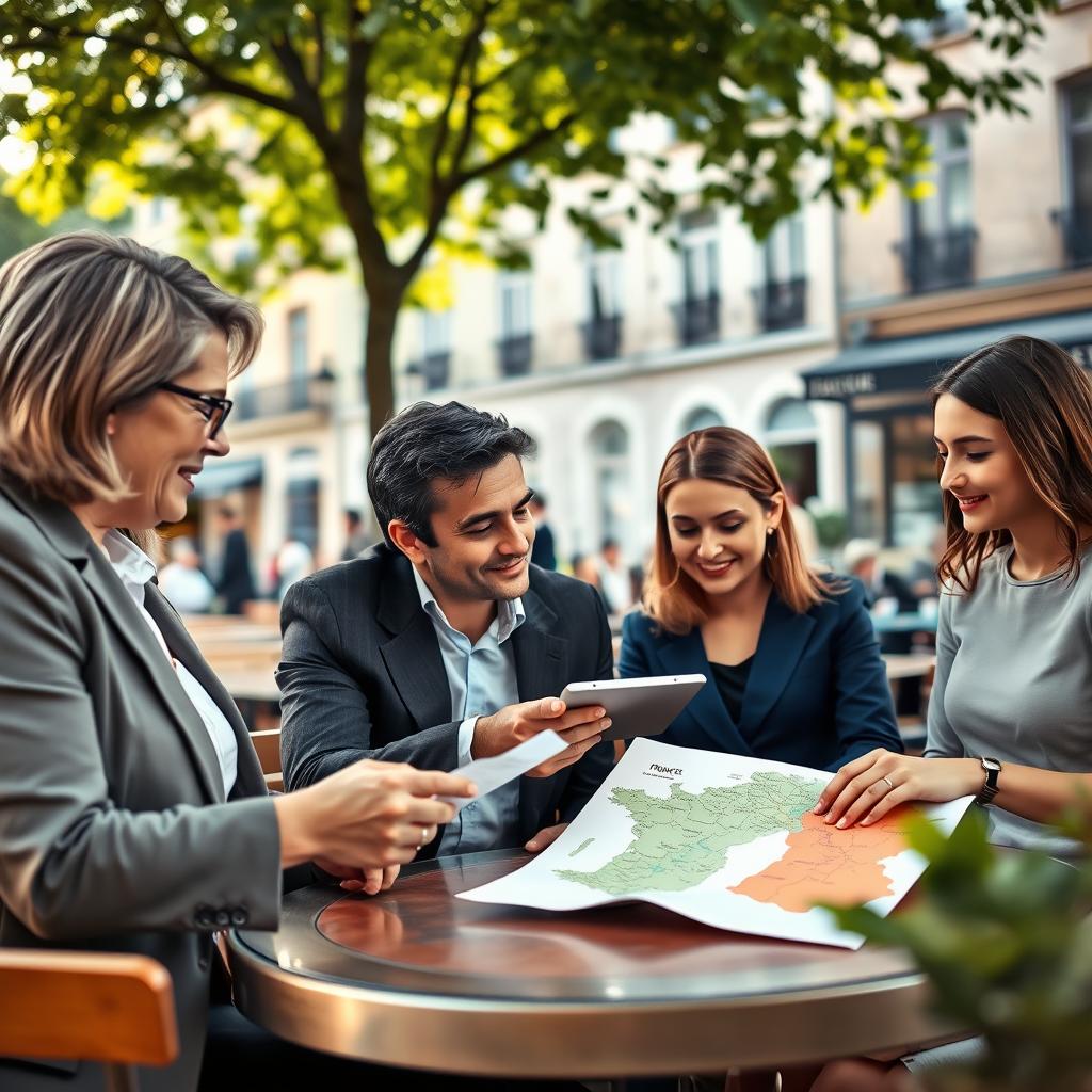A serene scene depicting a diverse group of expatriates gathered at an outdoor café in France, discussing their health insurance options. In the foreground, a middle-aged woman in smart casual clothing looks intently at a document, while a man next to her, dressed in business attire, points to a map of France. In the middle ground, a young couple, casually dressed yet elegant, share a tablet showing health insurance plans. The background features charming Parisian architecture, with soft, warm sunlight filtering through trees, casting gentle shadows. The mood is collaborative and informative, creating an atmosphere of security and community among the expatriates. The composition is balanced, capturing the essence of health and safety for travelers in a picturesque French setting.