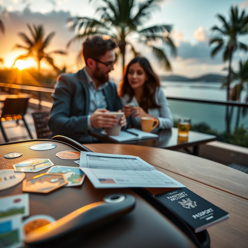 A serene travel scene depicting a tourist couple sitting at a café table in an exotic location, reviewing their travel insurance documents together. In the foreground, a close-up view of a suitcase with international stickers blends with a medical insurance card and a passport on the table, symbolizing global travel security. The middle ground features the couple in professional attire, with focused expressions as they discuss their long-term health coverage while enjoying a warm drink. In the background, soft, warm lighting radiates from a sunset, casting gentle shadows and illuminating a picturesque landscape of palm trees and distant hills. The atmosphere is calm and reassuring, emphasizing safety and preparation for extended journeys abroad.