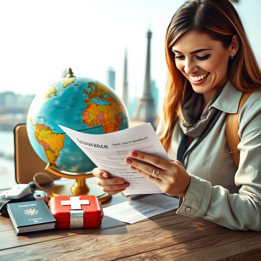 A serene travel scene featuring a globe surrounded by various travel essentials like a passport, a first-aid kit, and a travel insurance document placed on a wooden surface. In the foreground, a cheerful traveler, dressed in professional, modest travel attire, is reviewing the insurance document with a look of assurance. The middle ground includes iconic landmarks subtly blurred in the background, conveying a sense of travel and adventure, like the Eiffel Tower and the Statue of Liberty. Soft, natural lighting illuminates the scene, creating a warm, inviting atmosphere. The angle should be slightly tilted to add depth, focusing on the traveler’s expressions and the travel elements, emphasizing the importance of travel health insurance for peace of mind while abroad.