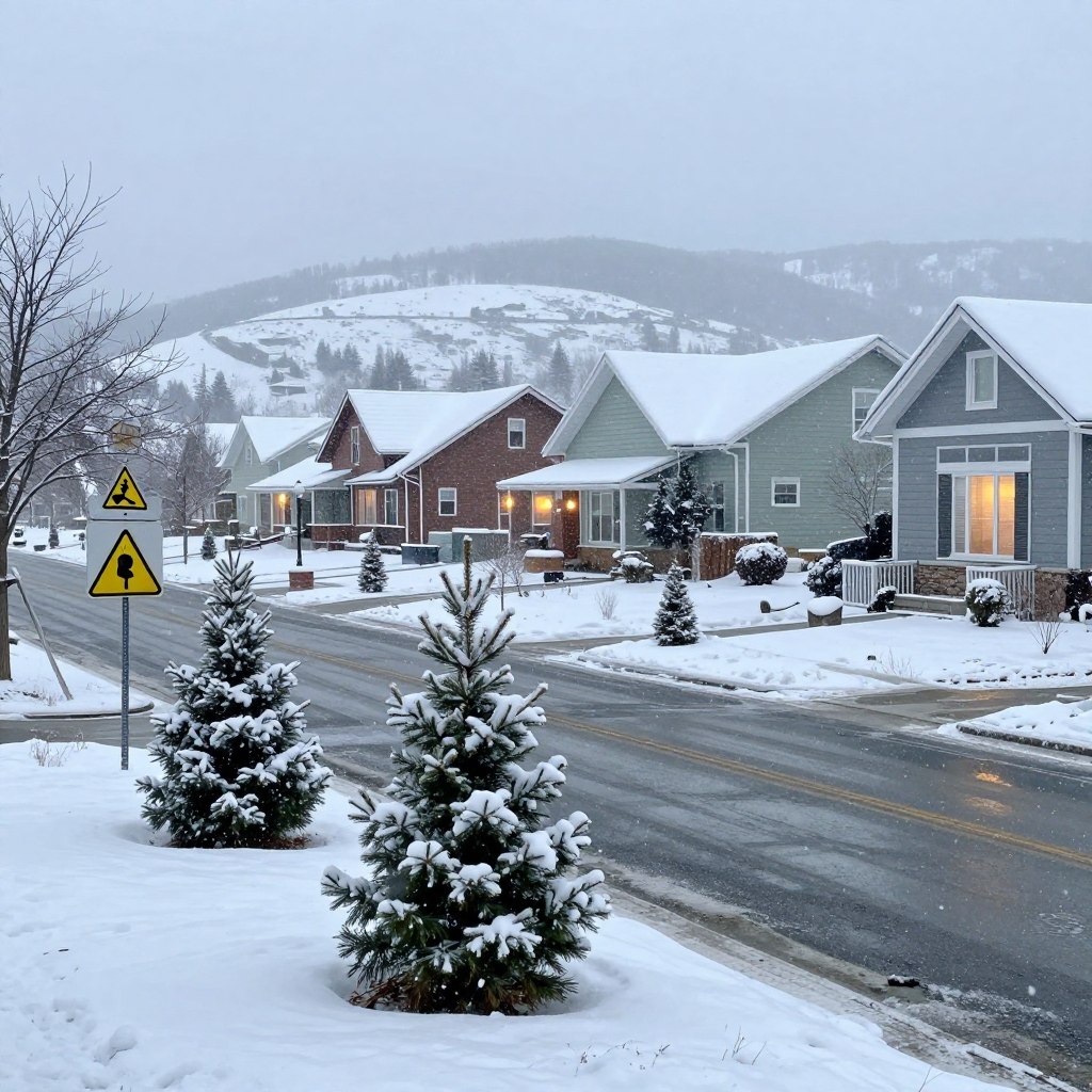 A serene winter landscape depicting a light snowfall on a suburban street with icy patches on the road. In the foreground, a few small, green pine trees dusted with snow are placed alongside a street sign indicating caution due to winter conditions. The middle ground showcases a few houses with warm lights glowing from the windows, creating a cozy atmosphere. In the background, soft hills covered with fresh snow can be seen under a gentle, overcast sky that diffuses soft, natural light across the scene. The overall mood is tranquil yet cautionary, inviting viewers to reflect on staying safe during winter weather. The image should be captured from a slightly elevated angle, focusing on the street to emphasize the chill and beauty of the snowy conditions. A serene winter landscape depicting a light snowfall on a suburban street with icy patches on the road. In the foreground, a few small, green pine trees dusted with snow are placed alongside a street sign indicating caution due to winter conditions. The middle ground showcases a few houses with warm lights glowing from the windows, creating a cozy atmosphere. In the background, soft hills covered with fresh snow can be seen under a gentle, overcast sky that diffuses soft, natural light across the scene. The overall mood is tranquil yet cautionary, inviting viewers to reflect on staying safe during winter weather. The image should be captured from a slightly elevated angle, focusing on the street to emphasize the chill and beauty of the snowy conditions.