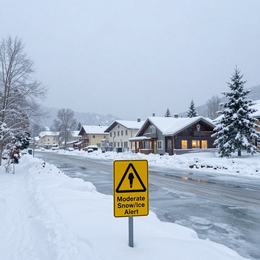 A serene winter landscape depicting a small town under moderate snowfall, with glistening layers of snow and patches of ice on the ground. In the foreground, a caution sign illustrating "Moderate Snow/Ice Alert" is prominently positioned, surrounded by a gentle accumulation of snow. In the middle ground, quaint, snow-covered buildings with warm light glowing from windows suggest a cozy atmosphere, while snow-dusted trees frame the scene. The background features a soft, overcast sky casting diffused light over the entire setting, evoking a sense of calm vigilance. The mood is peaceful yet alert, highlighting the necessity for caution in winter conditions. The composition is captured with a wide-angle lens, ensuring a clear and comprehensive view of the landscape. A serene winter landscape depicting a small town under moderate snowfall, with glistening layers of snow and patches of ice on the ground. In the foreground, a caution sign illustrating "Moderate Snow/Ice Alert" is prominently positioned, surrounded by a gentle accumulation of snow. In the middle ground, quaint, snow-covered buildings with warm light glowing from windows suggest a cozy atmosphere, while snow-dusted trees frame the scene. The background features a soft, overcast sky casting diffused light over the entire setting, evoking a sense of calm vigilance. The mood is peaceful yet alert, highlighting the necessity for caution in winter conditions. The composition is captured with a wide-angle lens, ensuring a clear and comprehensive view of the landscape.