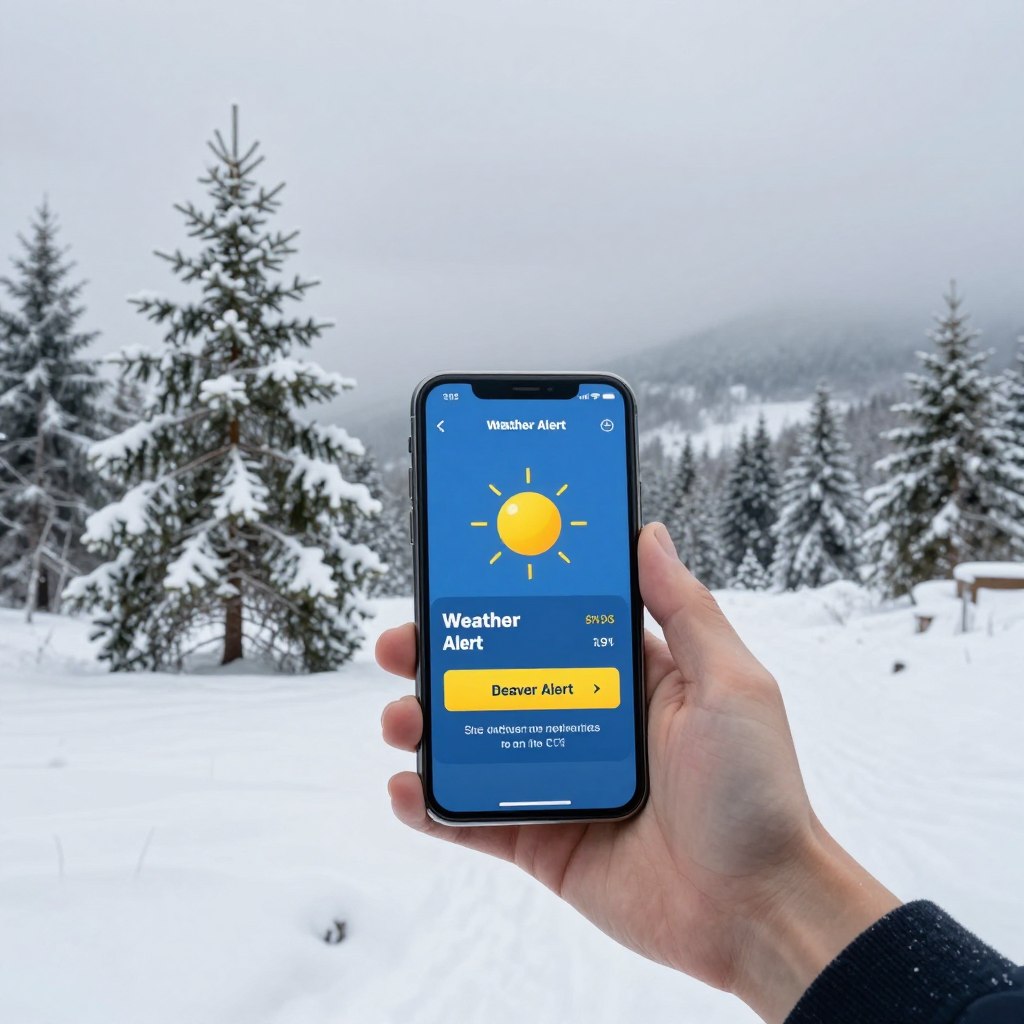 A serene winter landscape showcasing a snowy scene under a gray, overcast sky. In the foreground, a digital weather alert notification displayed on a modern smartphone held in a professional hand, emphasizing the theme of weather forecasting. The middle ground includes snow-covered pine trees and a gentle blanket of snow on the ground, indicating recent snowfall and possible icy conditions. The background features distant hills lightly veiled in fog, enhancing the chilly atmosphere. Soft, diffused lighting creates a balanced contrast, suggesting early morning or late afternoon. The general mood is calm yet alert, reinforcing the importance of weather awareness during winter conditions. The composition is a close-up shot focusing on the smartphone, with the winter landscape softly blurred behind it. A serene winter landscape showcasing a snowy scene under a gray, overcast sky. In the foreground, a digital weather alert notification displayed on a modern smartphone held in a professional hand, emphasizing the theme of weather forecasting. The middle ground includes snow-covered pine trees and a gentle blanket of snow on the ground, indicating recent snowfall and possible icy conditions. The background features distant hills lightly veiled in fog, enhancing the chilly atmosphere. Soft, diffused lighting creates a balanced contrast, suggesting early morning or late afternoon. The general mood is calm yet alert, reinforcing the importance of weather awareness during winter conditions. The composition is a close-up shot focusing on the smartphone, with the winter landscape softly blurred behind it.