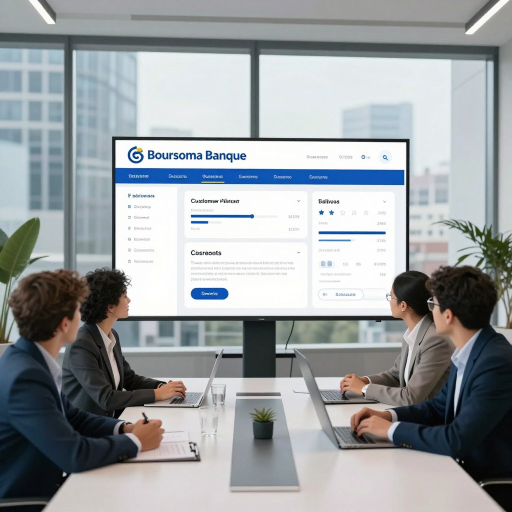 A sleek digital bank interface showcasing Boursorama Banque in a contemporary office setting. In the foreground, a diverse group of clients, dressed in professional business attire, are gathered around a modern conference table, discussing their positive experiences. In the middle, a large screen displays statistics and graphs reflecting customer satisfaction and reviews. The background features tall glass windows with a cityscape view, representing modernity and transparency. The lighting is bright and inviting, suggesting a feeling of trust and openness. The mood is optimistic and professional, illustrating a reliable digital banking experience. The camera angle is slightly elevated, giving a comprehensive view of the scene.