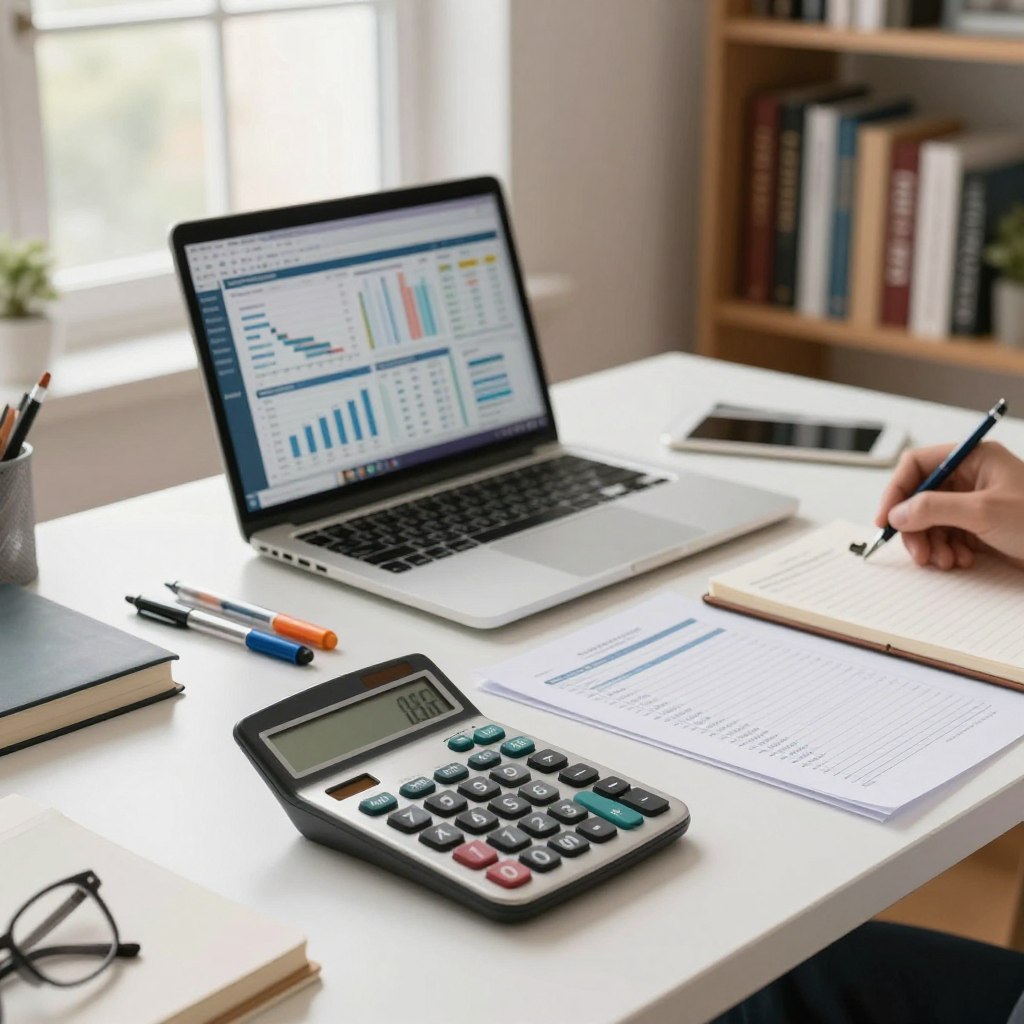 A sleek, modern desk filled with various financial calculation tools, such as calculators, a laptop displaying financial graphs, and neatly arranged spreadsheets. In the foreground, a high-quality financial calculator with its screen lit up and showing calculations. The middle ground features a laptop opened to a budgeting software interface, surrounded by colorful pens and a notepad filled with written notes. In the background, a softly blurred bookshelf containing financial books and resources enhances the professional setting. The lighting is warm and inviting, with natural light streaming in from a large window, creating a productive atmosphere. The composition is focused on conveying a sense of organization and precision in personal finance management.
