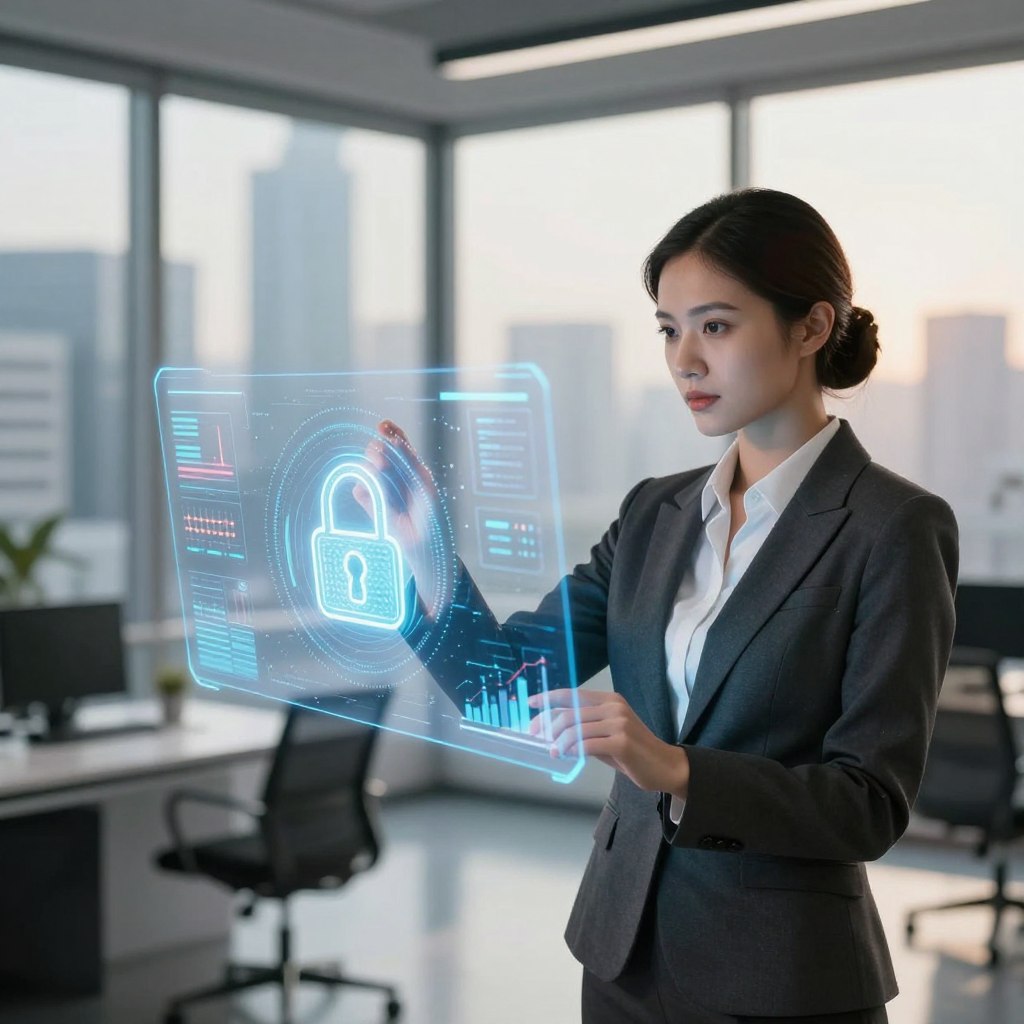 A sleek, modern office environment showcasing data security concepts. In the foreground, a professional businesswoman in business attire securely interacting with a holographic interface displaying encrypted data streams and digital locks. The middle layer features a transparent screen with graphs and security analytics, symbolizing financial data management. In the background, a subtle city skyline through glass windows, with soft natural light creating a warm atmosphere. The scene conveys a sense of safety and confidentiality, focusing on advanced technology and professionalism. The lighting is bright yet soft, highlighting the intricate details of the digital elements while maintaining a reassuring and confident mood. A sleek, modern office environment showcasing data security concepts. In the foreground, a professional businesswoman in business attire securely interacting with a holographic interface displaying encrypted data streams and digital locks. The middle layer features a transparent screen with graphs and security analytics, symbolizing financial data management. In the background, a subtle city skyline through glass windows, with soft natural light creating a warm atmosphere. The scene conveys a sense of safety and confidentiality, focusing on advanced technology and professionalism. The lighting is bright yet soft, highlighting the intricate details of the digital elements while maintaining a reassuring and confident mood.