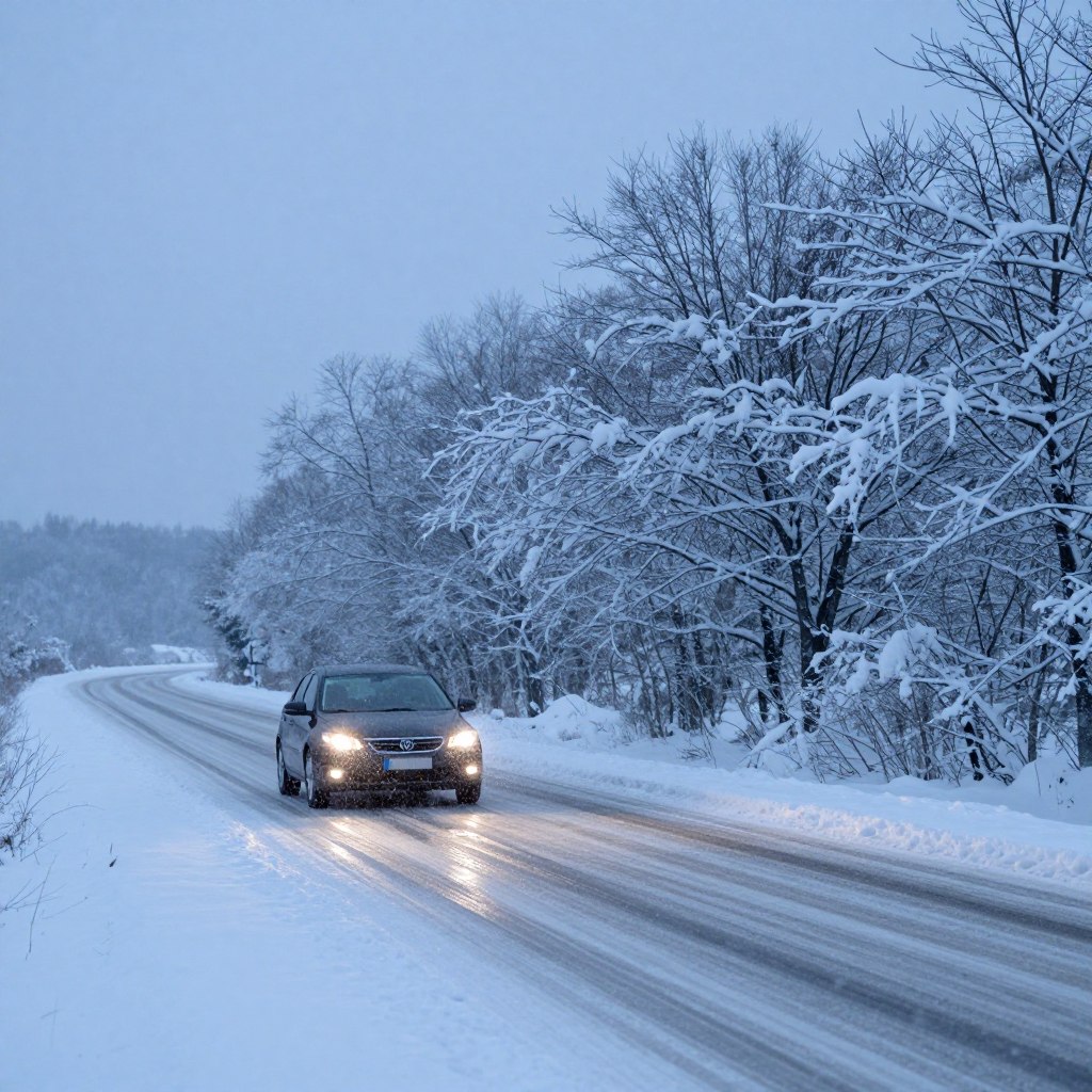 A snow-covered road in a scenic winter landscape, illustrating the concept of cautious driving during moderate snow and icy conditions. In the foreground, a car equipped for winter driving moves slowly, its headlights illuminating the road ahead, casting a warm glow against the cold, blue twilight. The middle ground features snow-laden trees lining the road, their branches heavy with white, creating a serene yet alert atmosphere. Soft, diffused lighting enhances the winter mood, and gentle snowflakes fall in the air, adding to the feeling of vigilance. In the background, a faded horizon blends with the overcast sky, suggesting the potential for further snowfall. The scene evokes a sense of caution and safety, ideal for driving advice. A snow-covered road in a scenic winter landscape, illustrating the concept of cautious driving during moderate snow and icy conditions. In the foreground, a car equipped for winter driving moves slowly, its headlights illuminating the road ahead, casting a warm glow against the cold, blue twilight. The middle ground features snow-laden trees lining the road, their branches heavy with white, creating a serene yet alert atmosphere. Soft, diffused lighting enhances the winter mood, and gentle snowflakes fall in the air, adding to the feeling of vigilance. In the background, a faded horizon blends with the overcast sky, suggesting the potential for further snowfall. The scene evokes a sense of caution and safety, ideal for driving advice.