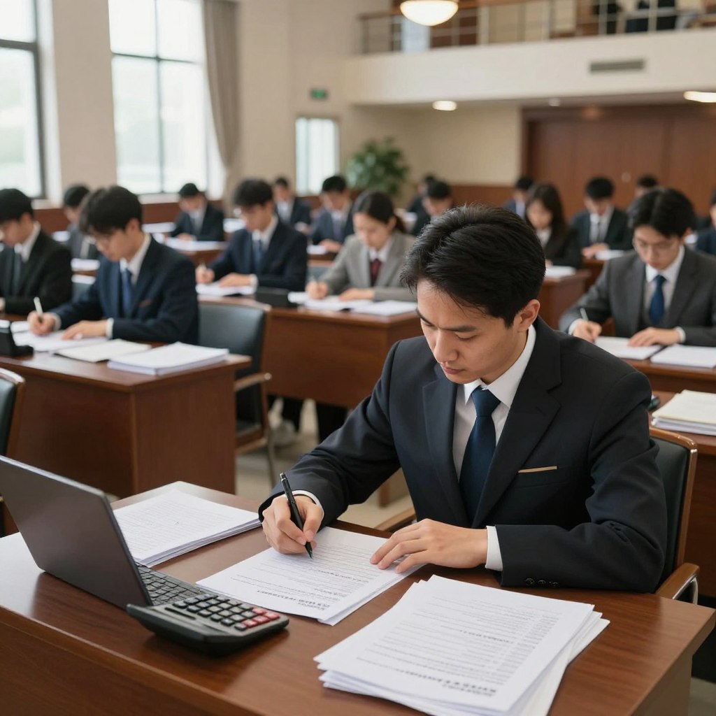 A sophisticated and engaging setting depicting a public finance inspector exam environment. In the foreground, a professional individual, dressed in formal attire, is intently writing notes at a wooden desk cluttered with paperwork, exam materials, and a calculator. In the middle ground, rows of desks filled with focused candidates in business attire are visible, deeply engaged with their tests, with light filtering through large windows illuminating the scene. The background reveals a grand examination hall with high ceilings and classical architecture, adorned with soft lighting that enhances the seriousness of the atmosphere. The image conveys a blend of tension and determination, reflecting the intensity of the finance inspector competition, while maintaining an organized and respectful ambiance.