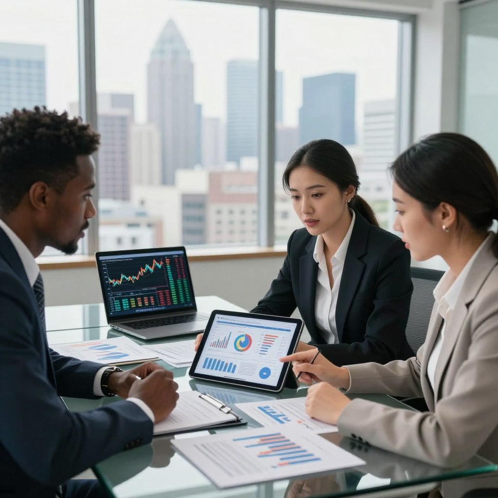 A sophisticated financial analysis scene set in a modern office environment. In the foreground, a diverse group of three business professionals (one Black man, one Hispanic woman, and one Asian woman) in formal business attire, intensely discussing financial charts and graphs represented on a tablet. The middle ground features a sleek glass conference table adorned with financial reports and a laptop displaying market data. The background showcases a panoramic view of a bustling city skyline through large windows, with soft natural lighting streaming in, creating a bright and optimistic atmosphere. The mood conveys a sense of collaboration and forward-thinking, capturing the spirit of investment prospects and market analysis.
