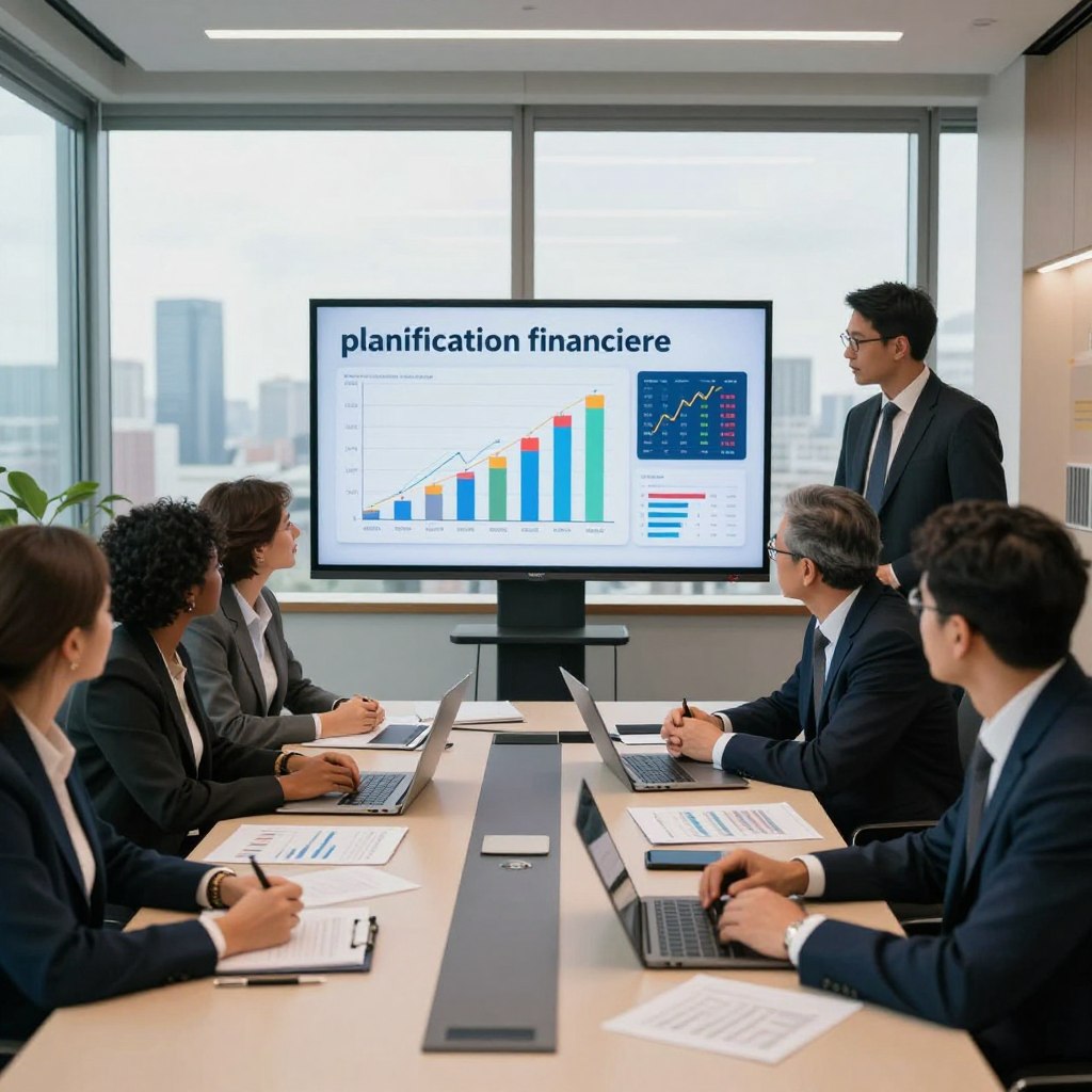 A sophisticated financial planning scene that encapsulates "planification financière." In the foreground, a diverse group of professionals in business attire is engaged in a strategic discussion around a modern conference table filled with documents, laptops, and financial reports. In the middle, a large digital screen displays colorful graphs and charts illustrating budget allocations and economic data. The background features a sleek office environment with large windows offering a panoramic view of a city skyline. Soft, natural lighting pours in, creating a warm and collaborative atmosphere. The mood is serious yet focused, reflecting the intensity of political opposition and financial strategy. The angle captures the dynamic interaction among the professionals, emphasizing teamwork and analytical thinking.