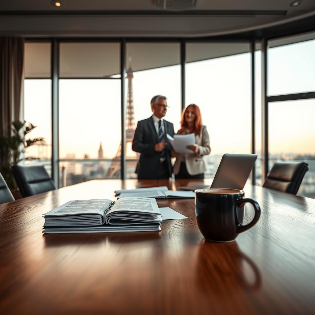 A sophisticated office setting that embodies French legislation surrounding insurance. In the foreground, a polished wooden conference table with legal documents, a laptop, and a cup of coffee. In the middle ground, two professionals dressed in tailored business attire discussing animatedly, one gesturing towards a document, showcasing collaboration and analysis. The background features a large window displaying a view of the Paris skyline with the Eiffel Tower subtly visible, symbolizing the connection to French culture. Soft, natural light filters through the window, creating a warm and inviting atmosphere. The overall mood is informative and professional, highlighting the importance of understanding insurance laws in France. The composition should favor a slightly low angle to emphasize the stature of the office environment.