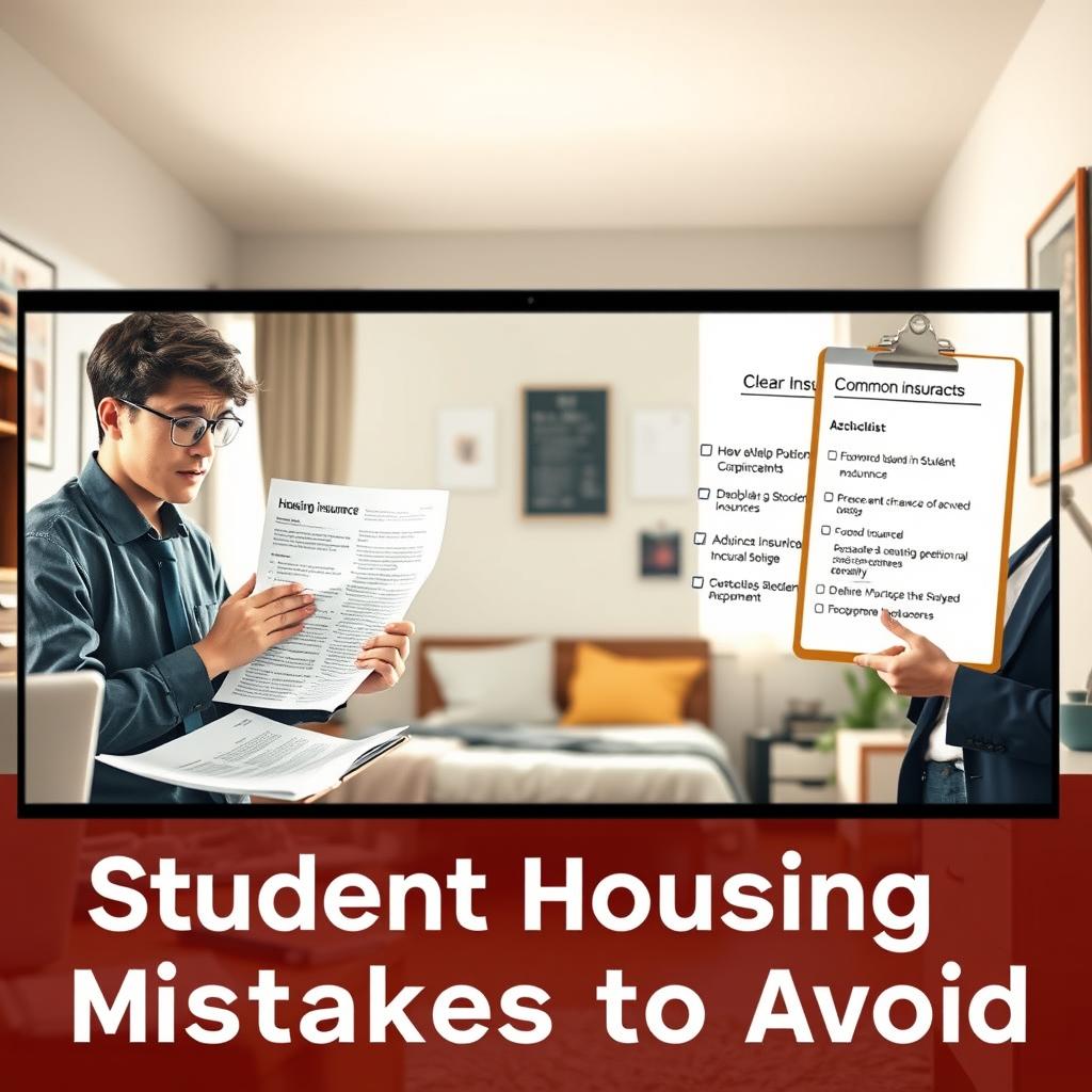 A split-screen image illustrating the concept of "student housing insurance mistakes to avoid." In the foreground, on the left side, a concerned student in professional attire is examining a complex insurance document with a confused expression, surrounded by scattered papers and a laptop. On the right side, an advisor in business attire is presenting clear and friendly guidance about housing insurance, pointing to a checklist of common pitfalls displayed on a clipboard. The middle ground features a cozy, well-lit student apartment with essential items like a desk, bed, and posters, harmonizing the student lifestyle. In the background, soft natural light filters through the window, creating a reassuring atmosphere of learning and support. The overall mood is informative yet approachable, emphasizing clarity and confidence in making insurance decisions.