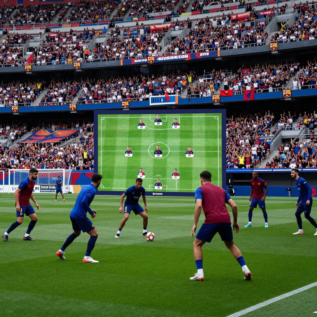 A strategic analysis of FC Barcelona's strengths, featuring a visually appealing football pitch in the foreground, where players in blue and garnet team kits are engaging in tactical drills. In the middle ground, a detailed tactical board displays formations and key players, encouraging an atmosphere of preparation and teamwork. The background showcases the iconic Camp Nou stadium, with vibrant banners and a cheering crowd, capturing the essence of excitement and anticipation. The scene is illuminated by dynamic, natural lighting, emphasizing the energy of the training session. The angle should be slightly elevated, providing a broad view of the pitch and the stadium, evoking a sense of pride and intensity associated with Barcelona's football legacy.